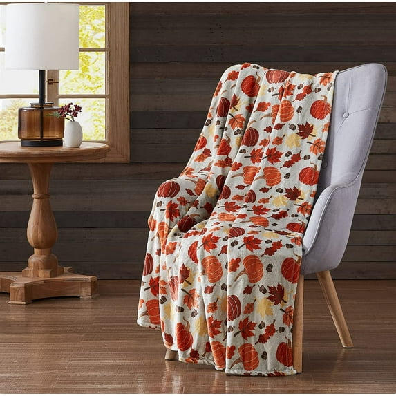 Serafina Home Harvest Fall Throw Blanket: Colorful Orange and Red Pumpkins on Autumn Taupe Gray Background