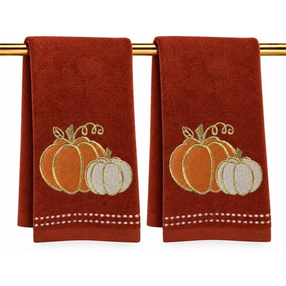 Serafina Home Harvest Fall Tip Towels: Plush Rust Orange Cotton Towels With Boho Pumpkin Design Set of 2, 12" x 18" Inch