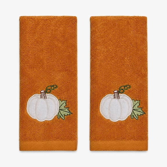 Serafina Home Harvest Fall Fingertip Towels: Plush Rust Orange Cotton Towels with Pumpkin Leaf Design Set of 2, 12" x 18" Inch