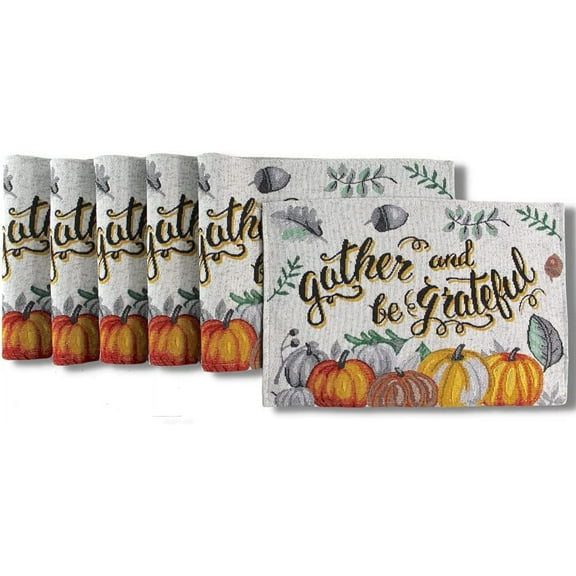 Serafina Home Harvest Thanks Autumn Placemats, Harvest Pumpkins Gather and Grateful, Set of Six (6) Colorful Woven Tapestry Fabric, for Holiday's, Thanksgiving, Autumn and Fall (Placemats)