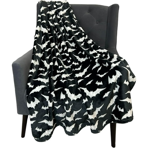 Serafina Home Haunted Halloween Fleece Throw Blanket: Halloween Silver Night Bats on Black Design on Soft Velvet Fleece Throw Blanket 50" x 70"