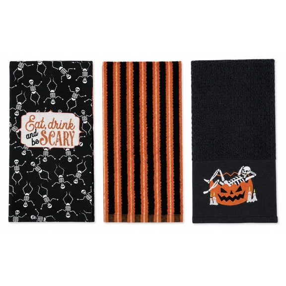 Serafina Home Haunted Halloween Kitchen Hand Dish Towel Set: Embroidered Skeleton Black and Orange Black Stripes Terry Loop, Printed Skeletons "East Drink and be Merry" Designs, 100% Cotton 3 Pc