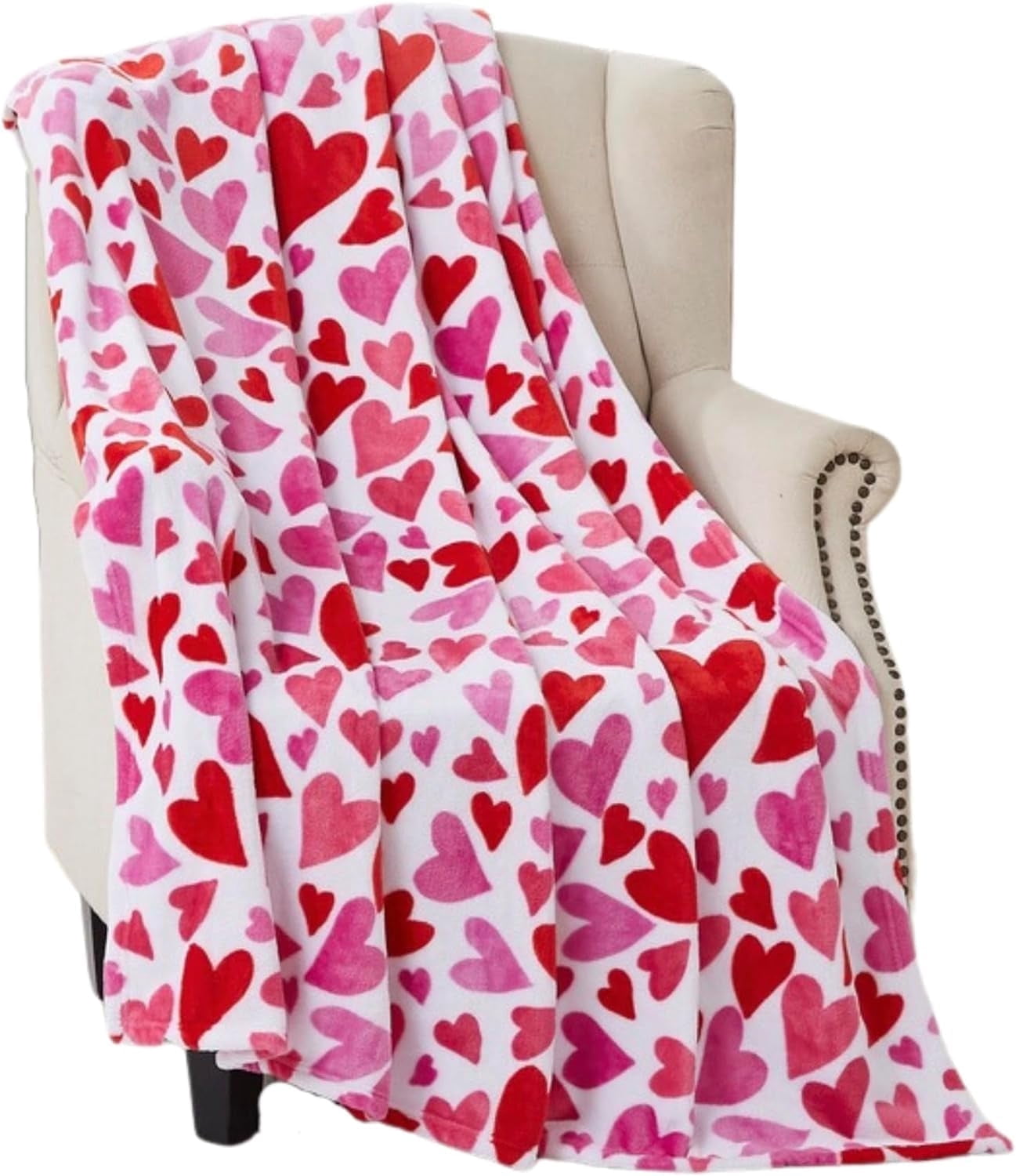 Serafina Home Hearts Throw Blanket: Contemporary Pink and Red Hearts, Microfiber Fleece Velour, Accent for Couch Sofa Bed (Pink Red Hearts)