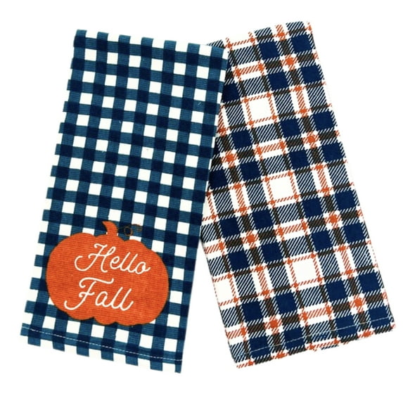 Serafina Home Grainhouse Oversized Hello Fall Blue And Orange Plaid And Gingham Kitchen Towels, Set Of 2 16" x 26"