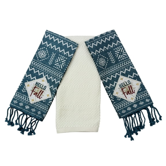 Serafina Home Hello Fall Kitchen Hand Towels Set: Home Decor Colorful Fall Colors with a Southwestern Motif with Tassels (Teal Color)