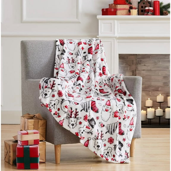 Serafina Home Holiday Christmas Blanket Throw: Soft Cute Winter Characters Santa Reindeer Snowman Stocking Snowflake Tree Presents Snuggle Accent for Sofa Couch Chair Bed or Dorm