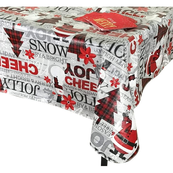Serafina Home Holiday Christmas Cheer Vinyl Flannel Backed Tablecloth: Season's Greetings of Merry Bright Joy Santa Snowman Tree 90
