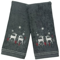 Serafina Home Holiday Christmas Cotton Hand Towels: Noble Reindeer Buck Deer Design, Dark Gray Silver Red White, Set of 2