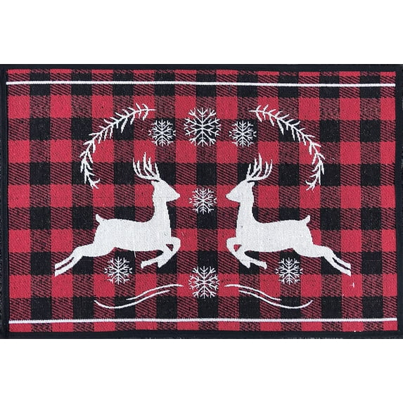 Serafina Home Holiday Christmas Decor Tapestry Mat Cabin Lodge Deer with Country Red Black Check for Welcome Doormat Entryway Foyer Kitchen Office Hearth Decoration Throw Rug (Prancing Bucks)