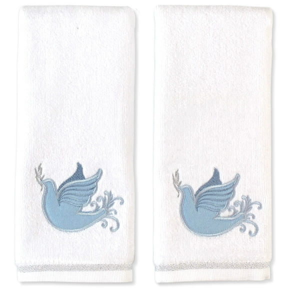 Serafina Home Winter Holiday Christmas Hand Bathroom Fingertip Towel Set: Light Blue Peace Dove Applique on Soft Velour Terry White, 100% Cotton, Set of 2
