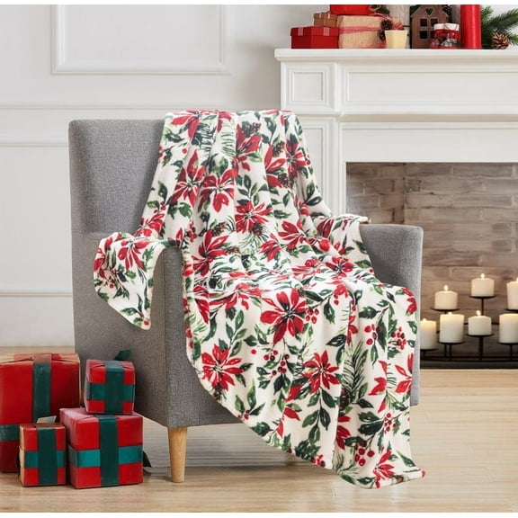 Serafina Home Holiday Christmas Fleece Throw Blanket- 60 x 50 Plush White Throw with Red Poinsettias Green Holly Leaves & Red Berries Design Cozy Accent for Sofa Couch Chair Bed or Dorm