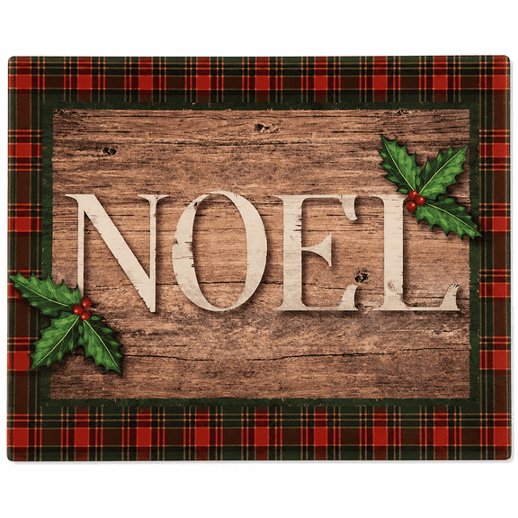 Serafina Home Holiday Christmas Glass Cutting Board: Traditional Rustic Noel Christmas with Plaid Border