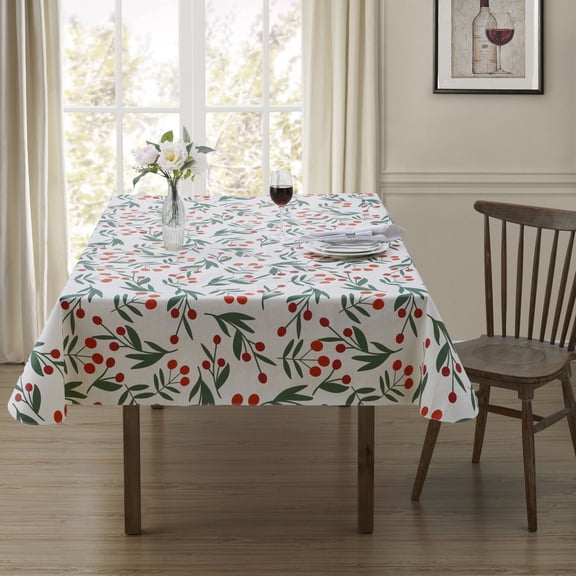 Serafina Home Holiday Christmas Holly And Berries Vinyl Tablecloth with Flannel Backing: Tablecloth Reusable 52" x 70"