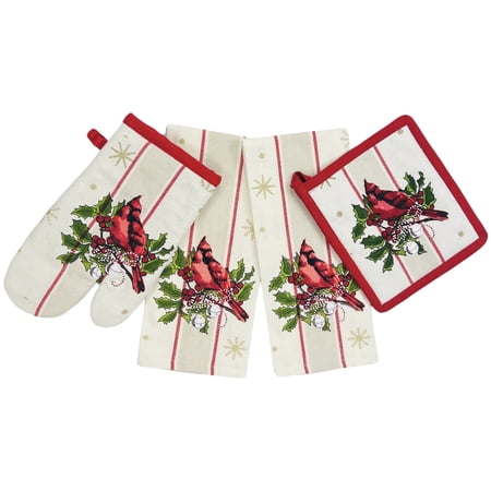 Serafina Home Holiday Christmas Kitchen Potholders and Bath Dish Hand Towels Set: Cardinal Holly 4 Pc Design, Red White, 100% Cotton 15" x 25" for Baking Cooking Hands, Dishes or Home Decor