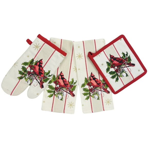 Serafina Home Holiday Christmas Kitchen Potholders and Bath Dish Hand Towels Set: Cardinal Holly 4 Pc Design, Red White, 100% Cotton 15" x 25" for Baking Cooking Hands, Dishes or Home Decor