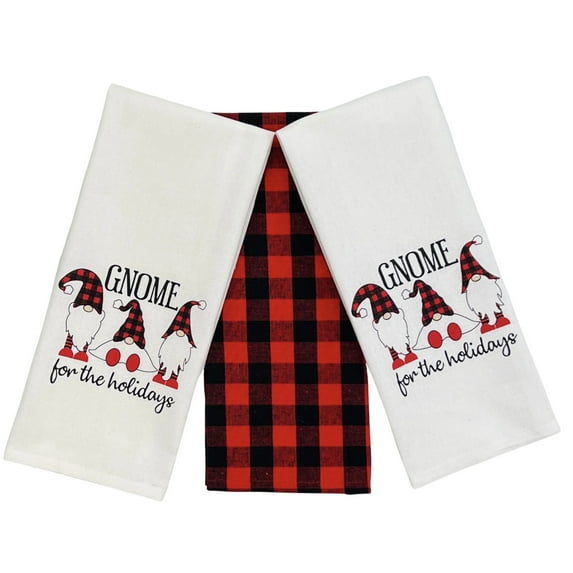 Serafina Home Holiday Kitchen Towels: Gnome, Red and White Christmas Gnome Pattern, Cotton, 3 Count