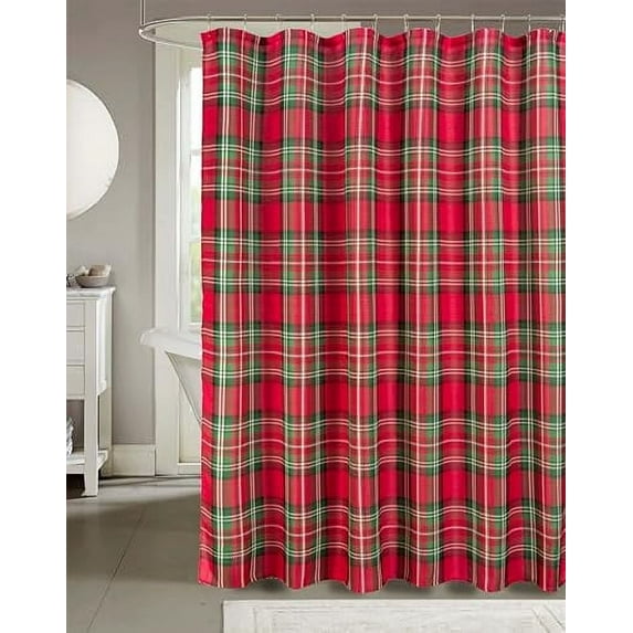 Serafina Home Holiday Christmas Shower Curtain for Bathroom: Elegant Fabric Holiday Christmas Plaid Ornamental Design, Red, Green, and White Decorative Print Design.