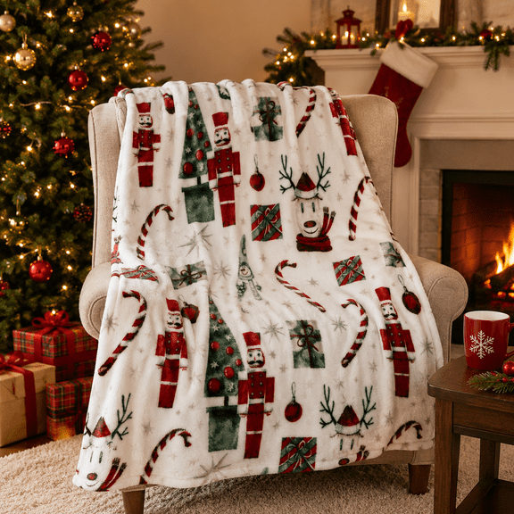 Serafina Home Christmas Holiday Throw Blanket: Velvelty Soft, Durable Fleece Accent for Bed or Couch (Nutcracker and Reindeer, 50 x 60 inches)