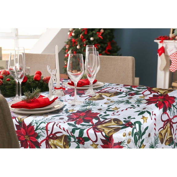 Serafina Home Holiday Christmas Vinyl Tablecloth with Flannel Backing: Gold Bells Poinsettia 60 "x 102" Rectangular Reusable
