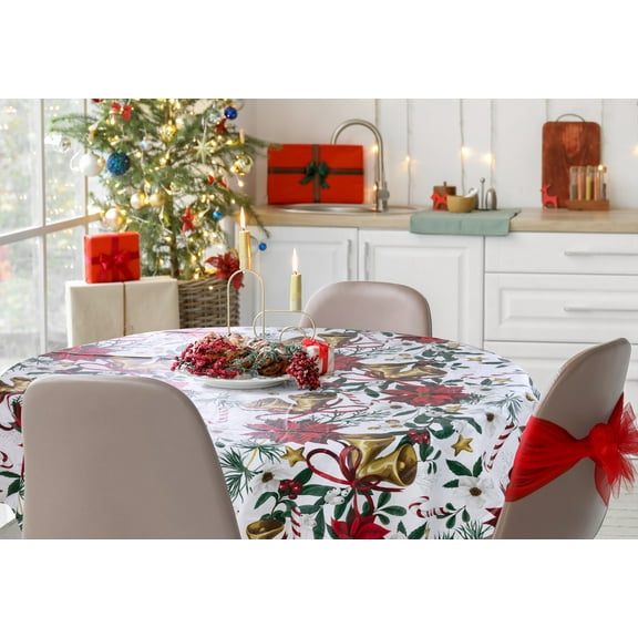 Serafina Home Holiday Christmas Vinyl Tablecloth with Flannel Backing: Gold Bells Poinsettia 70" Round Reusable