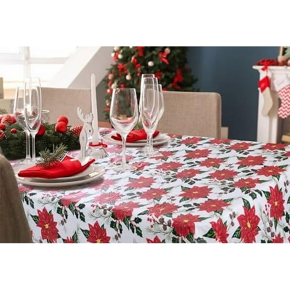 Serafina Home Holiday Christmas Vinyl Tablecloth with Flannel Backing: Holly Berries Poinsettia 50" x 70" Rectangular Reusable