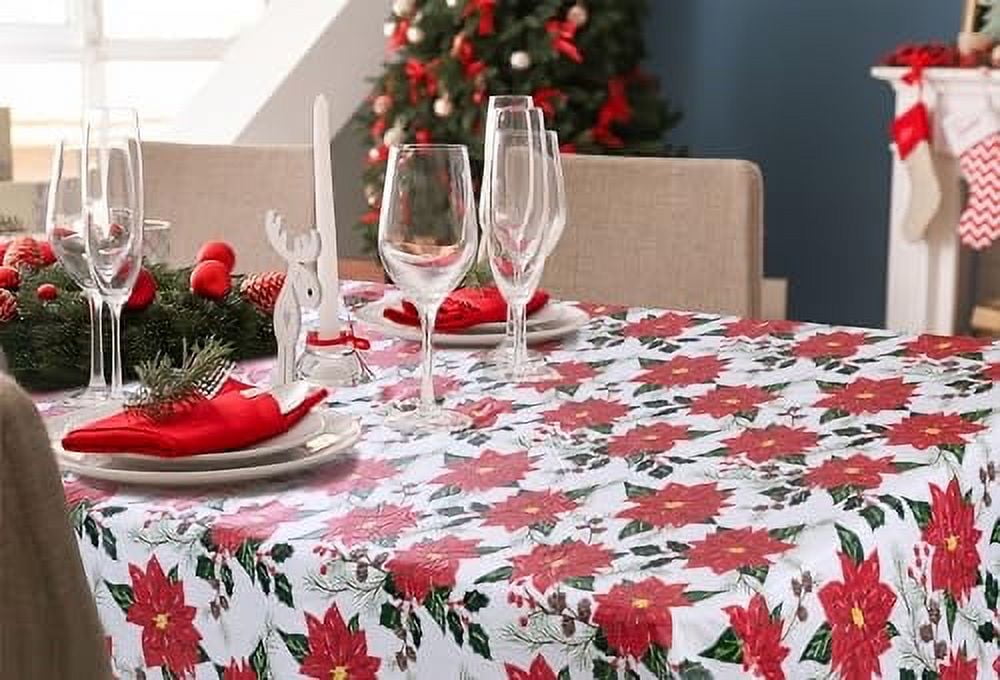 Serafina Home Holiday Christmas Vinyl Tablecloth with Flannel Backing Holly Berries Poinsettia