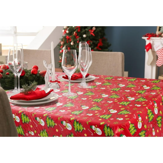 Serafina Home Holiday Christmas Vinyl Tablecloth with Flannel Backing: Snowmen Trees on Red 52" x 70" Rectangular Reusable