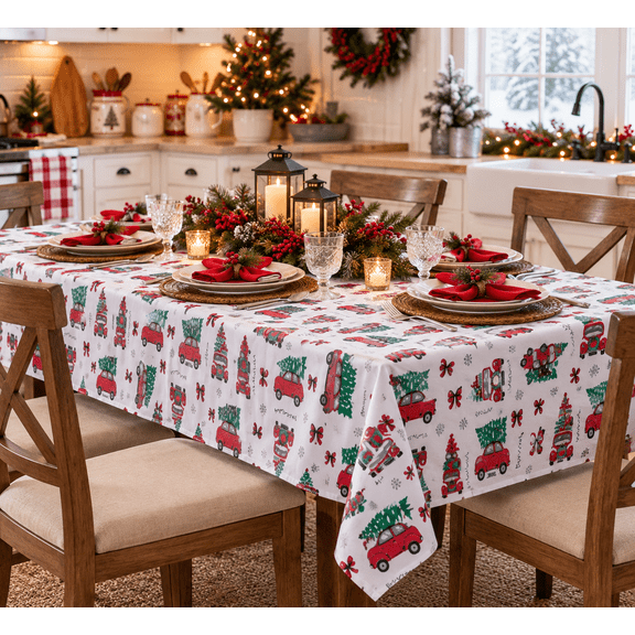 Serafina Home Holiday Christmas Vinyl Tablecloth with Flannel Backing: Tablecloth Reusable (Car Tree, 52" x 70" Rectangular)