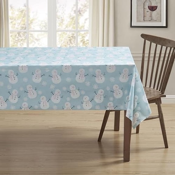 Serafina Home Holiday Christmas Vinyl Tablecloth with Flannel Backing: Tablecloth Reusable (Happy Snowman) 60" x 102"