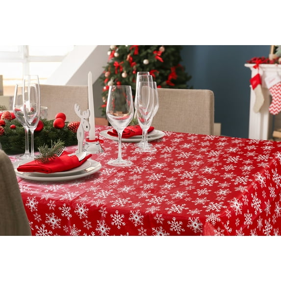 Serafina Home Holiday Christmas Vinyl Tablecloth with Flannel Backing: Tablecloth Reusable (Red Snowflak 60" x 84")