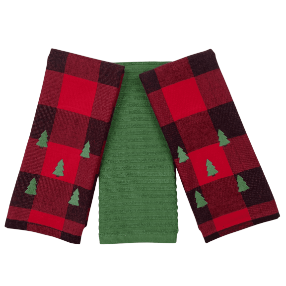 Serafina Home Holiday Kitchen Dish Hand Towels – Set of 3 100% Cotton Solid Forest Green Red Black Buffalo Plaid with Green Christmas Trees Design – 26" x 16" Multipurpose Towels for Everyday Use