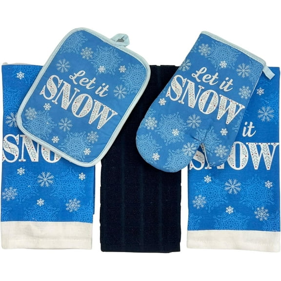 Serafina Home Holiday Winter Kitchen Towels Pot Holders Set: Snowflake Fun (Let It Snow)