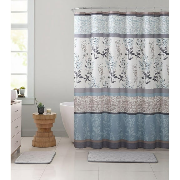 Serafina Home Hotel Quality Fabric Bathroom Shower Curtain: Farmhouse Floral Bordered Damask - Light Blue, Beige, and Grey (New Without Packaging)