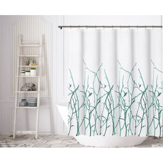 Serafina Home Hotel Quality Floral Fabric Shower Curtain for Bathroom: Bird and Branches Garden Botanical Design, Teal Green White, 72" x 72
