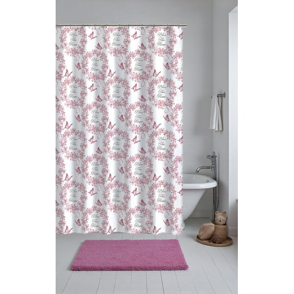 Serafina Home Inspirational Bless This Home Fabric Shower Curtain: Vintage Floral Wreath and Butterfly, 70 x 72 inches