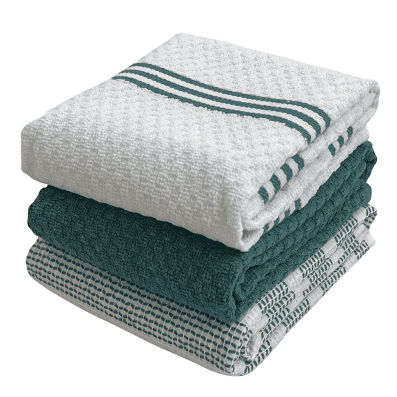 Serafina Home Kitchen Concepts Solid Striped White Teal Neutral Kitchen Dish Towels: 100% Cotton Cloth Soft Cleaning Drying Ultra Absorbent, Set of 3 Multipurpose for Everyday Use