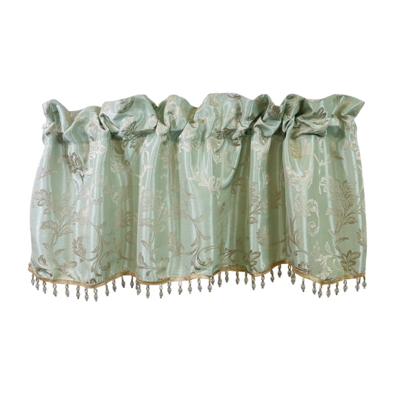 Serafina Home Leaf Scroll Scalloped Window Valance w/ Crystal Beads Aqua