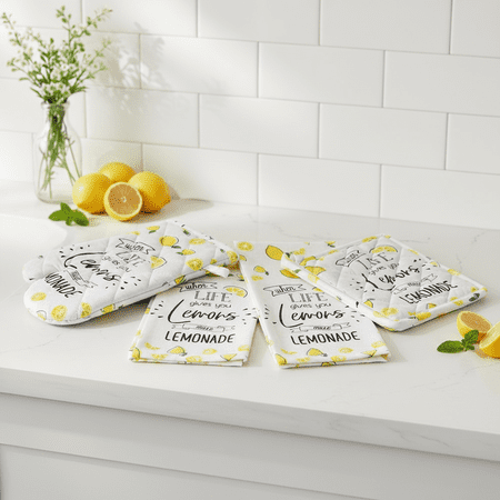 Serafina Home Life's Lemons 4-Piece Kitchen Linen Set: Colorful Printed Lemons on Flat Cotton Weave