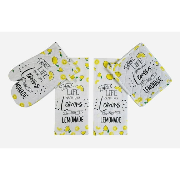 Serafina Home Life's Lemons 4-Piece Kitchen Linen Set: Colorful Printed Lemons on Flat Cotton Weave