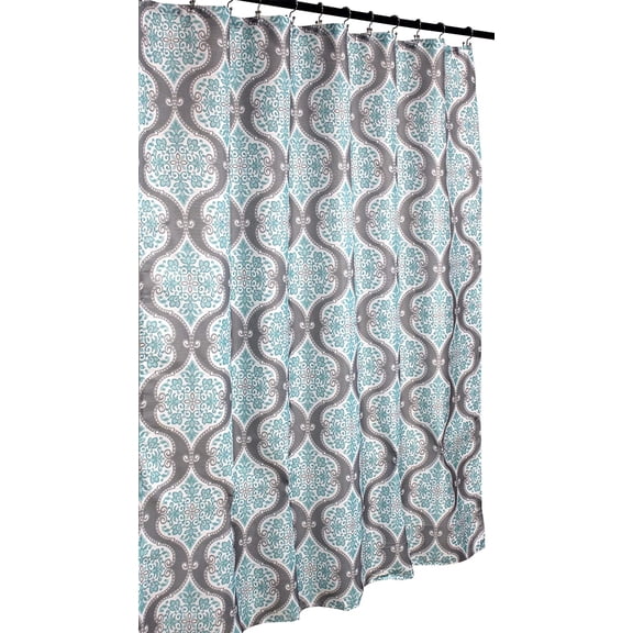 Serafina Home Light Aqua Grey White Fabric Shower Curtain: Canvas with Decorative Floral Oval Damask Design