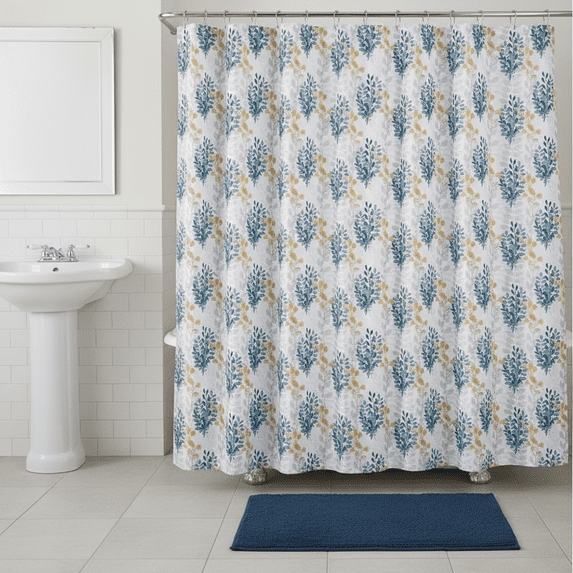 Serafina Home Light Blue Teal Yellow Grey White Fabric Shower Curtain for Bathroom: Farmhouse Floral Leaf Damask Design