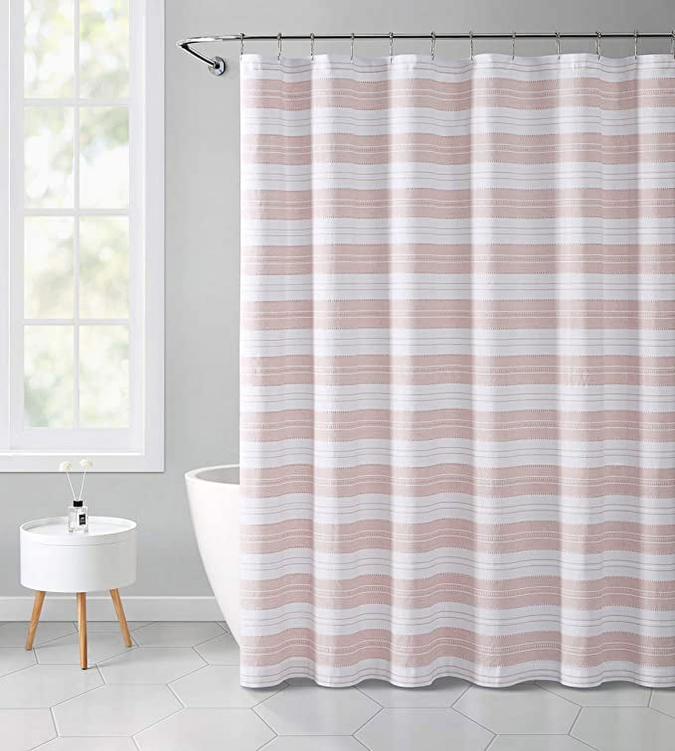 Serafina Home Light Pink White Fabric Shower Curtain: Cotton Rich Striped with Detailed Decorative Weave