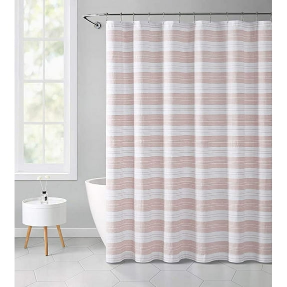 Serafina Home Light Pink White Fabric Shower Curtain: Cotton Rich Striped with Detailed Decorative Weave