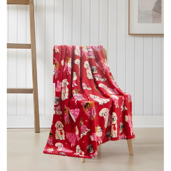 Serafina Home Love Valentine Throw Blanket: Puppy Love Designed Pink Hearts, Microfiber Fleece Velour, Accent for Couch Sofa Chair Bed or Dorm