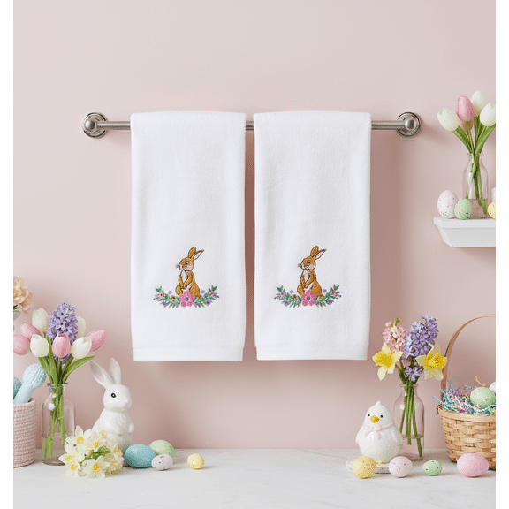 Serafina Home Easter Spring Bathroom Hand Towels: Ivory White Towels with Embroidered Bunny Rabbit and Flowers