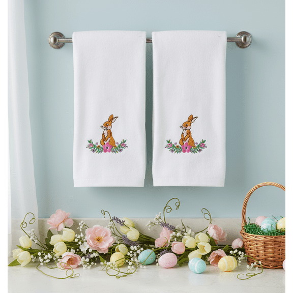 Serafina Home Easter Spring Bathroom Hand Towels: Ivory White Towels with Embroidered Bunny Rabbit and Flowers
