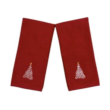 Serafina Home Luxury Holiday Christmas Hand Towel Set: Contemporary Elegant White Tree, Velour Terry Red Towels Set of 2