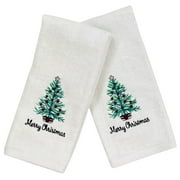 Serafina Home Luxury Holiday Christmas Hand Towel Set: Decorated Rustic Country Tree, Velour Terry Cotton White Towels Set of 2