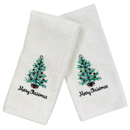 Serafina Home Luxury Holiday Christmas Hand Towel Set: Decorated Rustic Country Tree, Velour Terry Cotton White Towels Set of 2