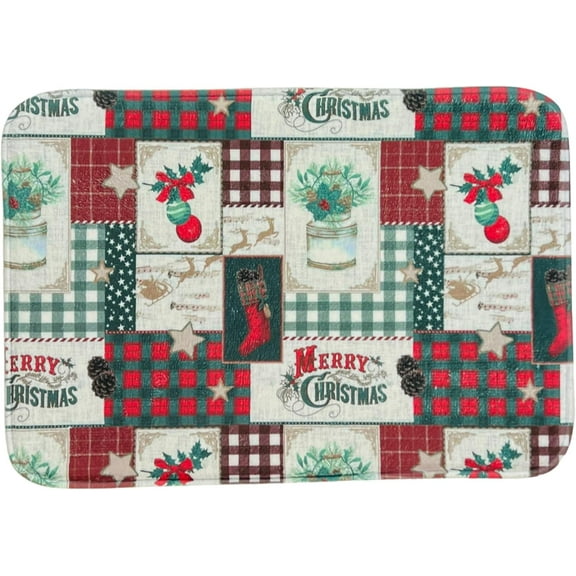 Serafina Home Luxury Holiday Christmas Patch Printed Foam Memory Floor Mat Rug with Merry Christmas Holly Snow Globe Accents Kitchen Foyer Office Entry Way